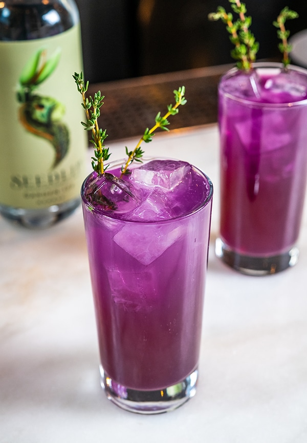 A bright purple cocktail in a tall glass made with Seedlip ‘Garden’ honey syrup and is purple from pea flowers and pea flower tea.